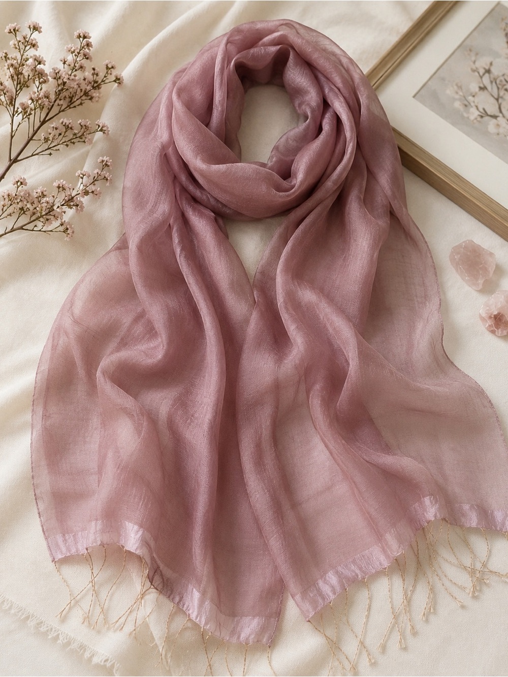 100% Silk Mauve Dusty Rose Sheer Scarf Wrap Shawl 70” x 26” Fringe